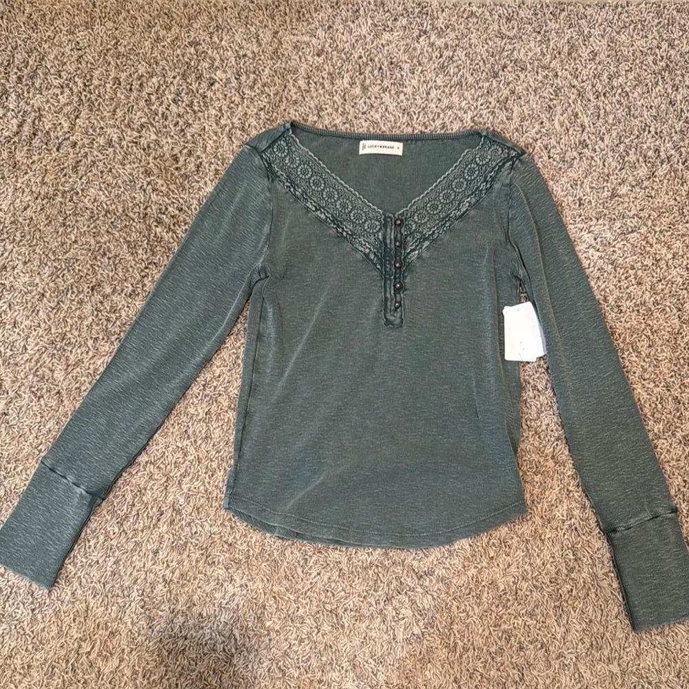 Lucky Brand Green Lace-Trimmed Top